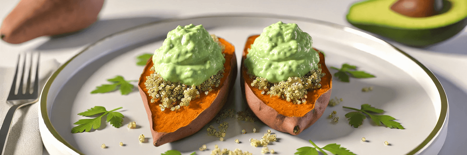 Gebackene Süßkartoffeln mit Quinoa und Avocado-Creme-Topping
