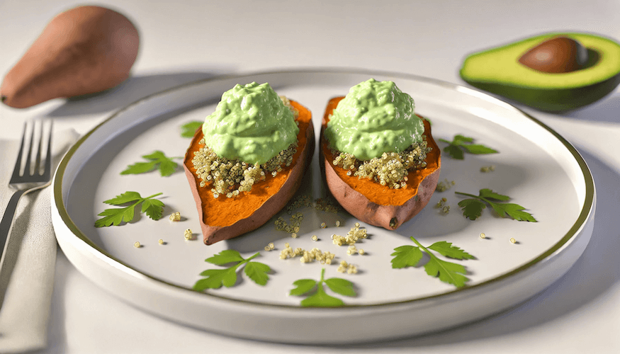 Gebackene Süßkartoffeln mit Quinoa und Avocado-Creme