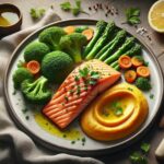 Gebackener Lachs mit Süßkartoffelpüree und gedünstetem Gemüse