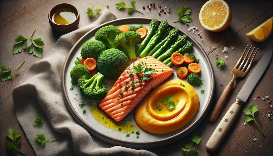 Gebackener Lachs mit Süßkartoffelpüree und gedünstetem Gemüse