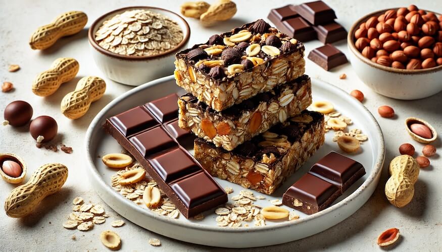 Protein-Müsliriegel mit Erdnüssen und Schokolade
