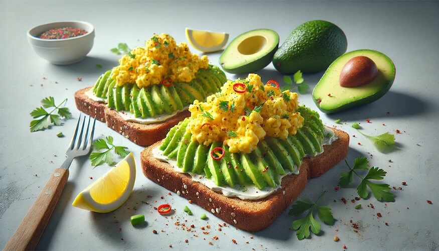 Proteinreiche Avocado-Toast mit Rührei